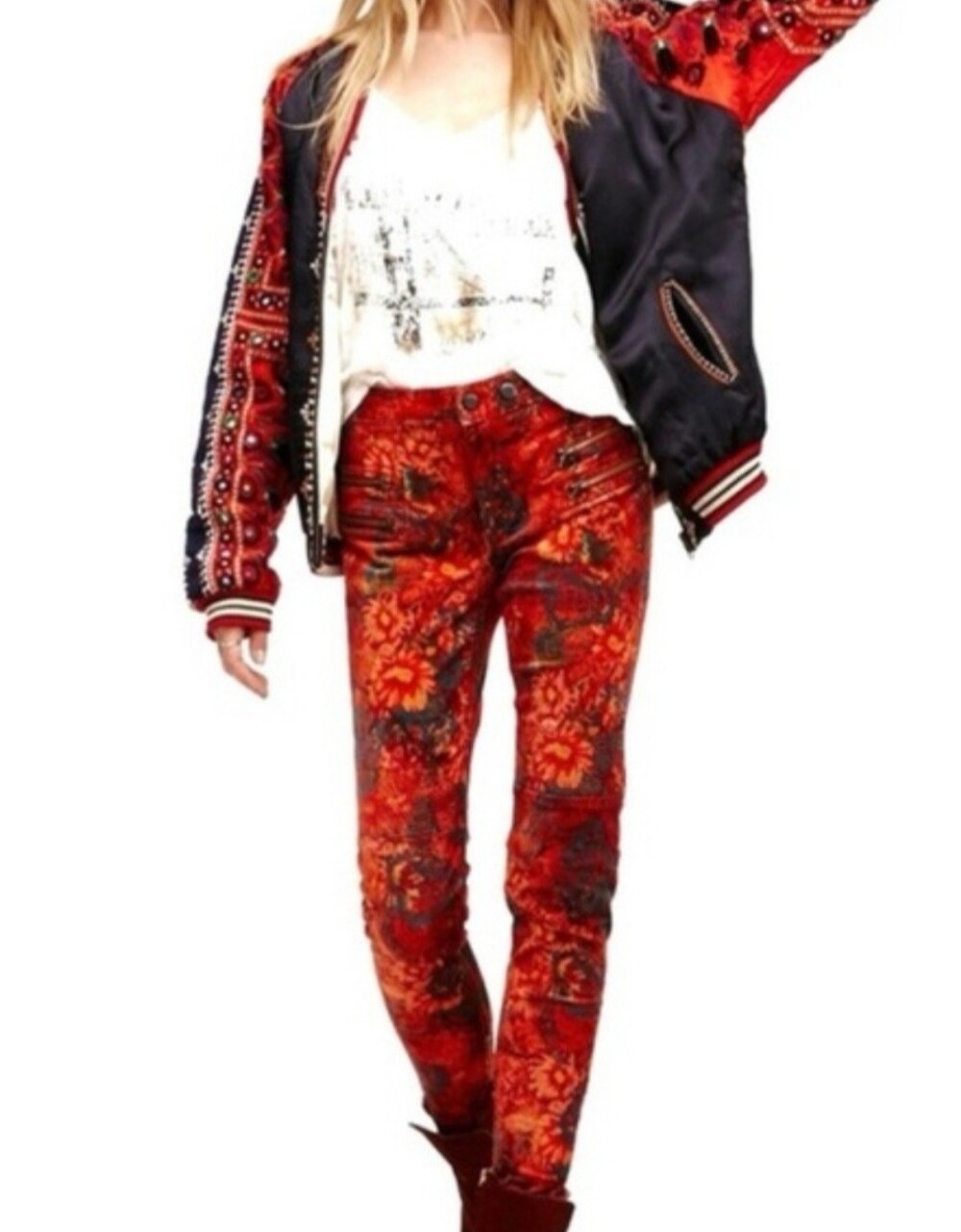 Free People Red and Orange Floral Skinny Jeans (B32)